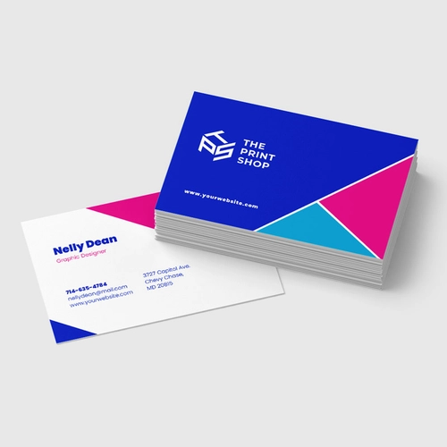 Corporate card featuring professional branding elements, including logo, employee's name, title, and address for networking.