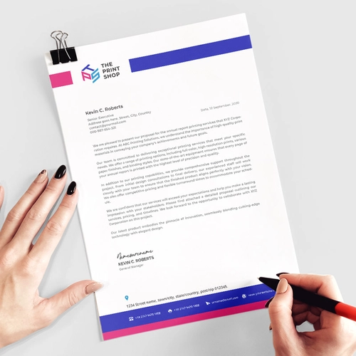 Detailed view of a letterhead design, highlighting a corporate logo, contact information, and a professional layout with colo
